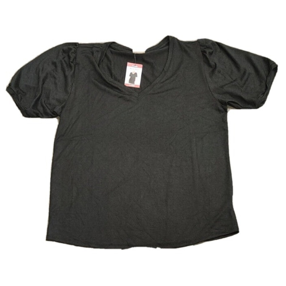 NWT Mod Ref Womens Puff Sleeve V-Neck Knit Stretch Tee Black XL
